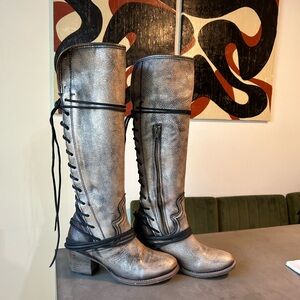 Freebird Coal - Silver Knee-High Boots with Black Lace Detail